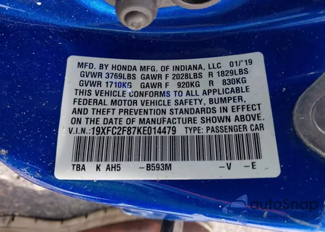 2019 Honda Civic Sport из США, поврежденный, VIN 19XFC2F87KE014479